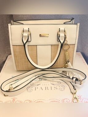 Aldo Cream and Natural Raffia Satchel with Tassel Charm